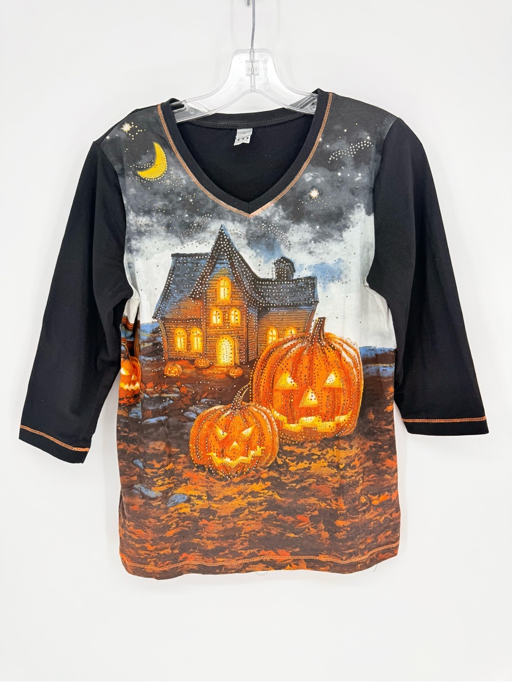 Thomas & Olivia Halloween Pumpkin Haunted House Rhinestone Top Whimsigoth Small